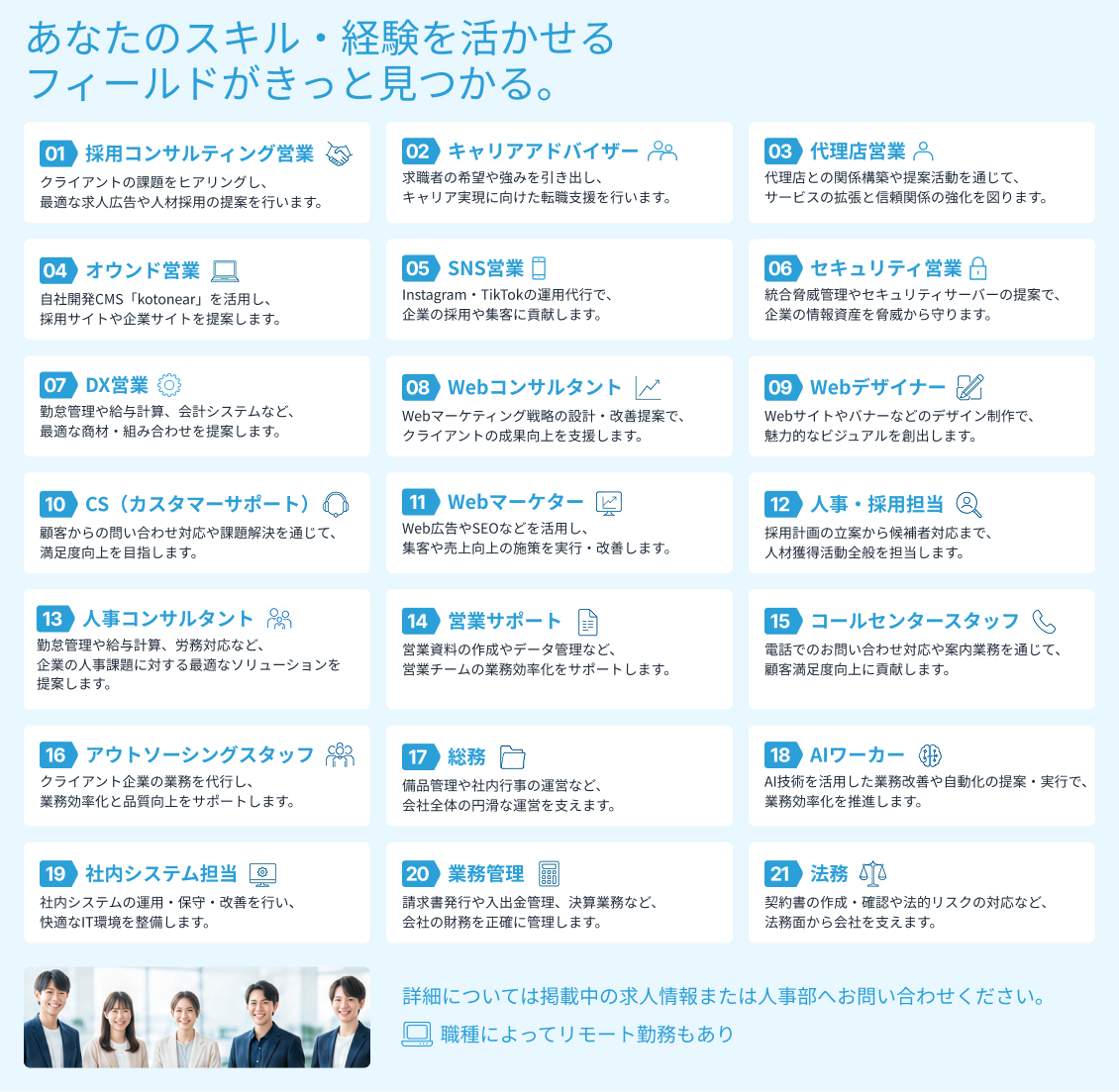 TOWAグループの21職種 JOB OPENINGS 一覧